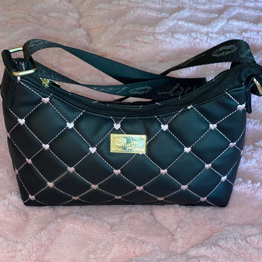 Betsy Johnson Black Quilted Adjustable Crossbody with Pink Hearts